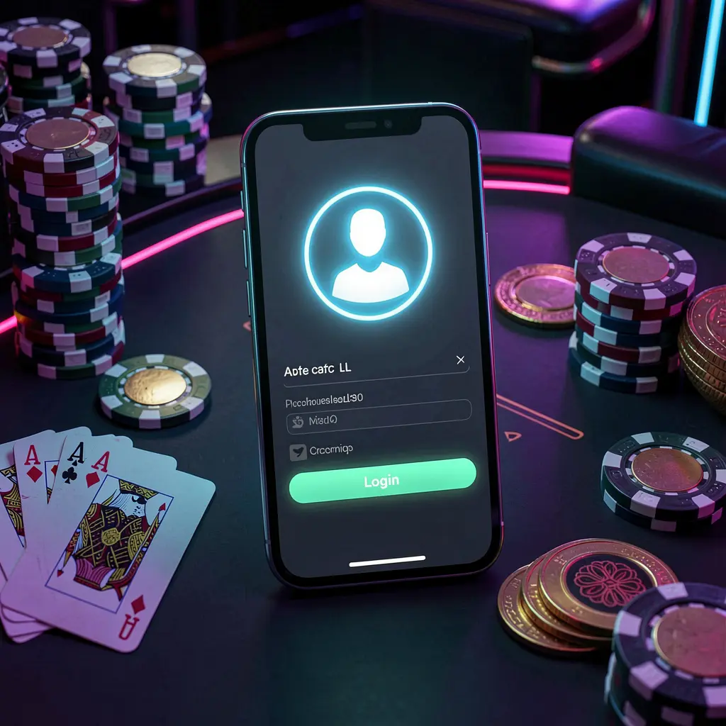 PGY777 casino app login scene on a smartphone displaying a glowing user profile icon with poker chips, playing cards, and coins nearby against an elegant dark background with neon highlights PGY777 casino app login scene on a smartphone displaying a glowing user profile icon with poker chips, playing cards, and coins nearby against an elegant dark background with neon highlights
