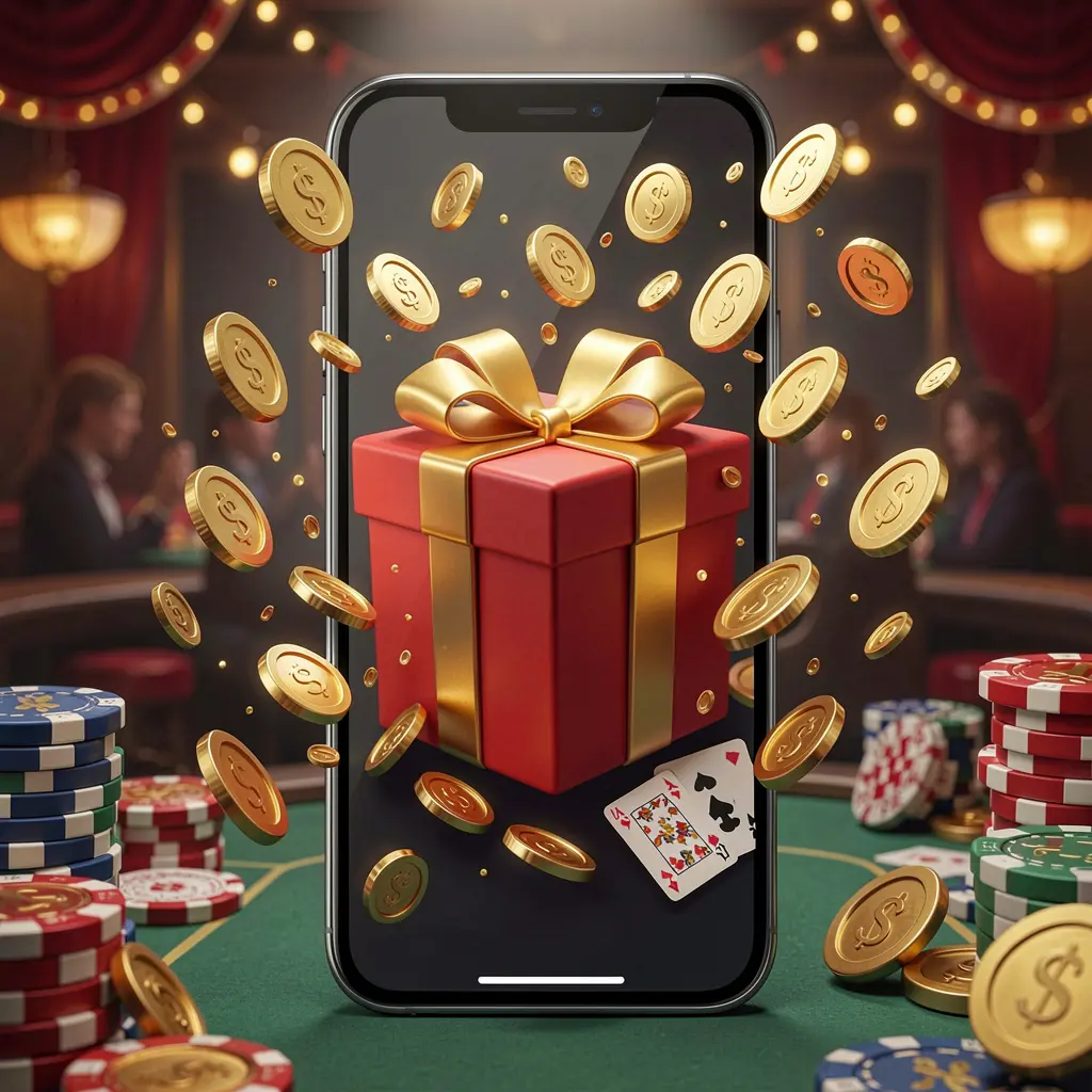 PGY777 mobile casino bonus app concept showing a phone screen with a gift box and coins bursting out in a festive casino atmosphere, premium 3D illustration PGY777 mobile casino bonus app concept showing a phone screen with a gift box and coins bursting out in a festive casino atmosphere, premium 3D illustration