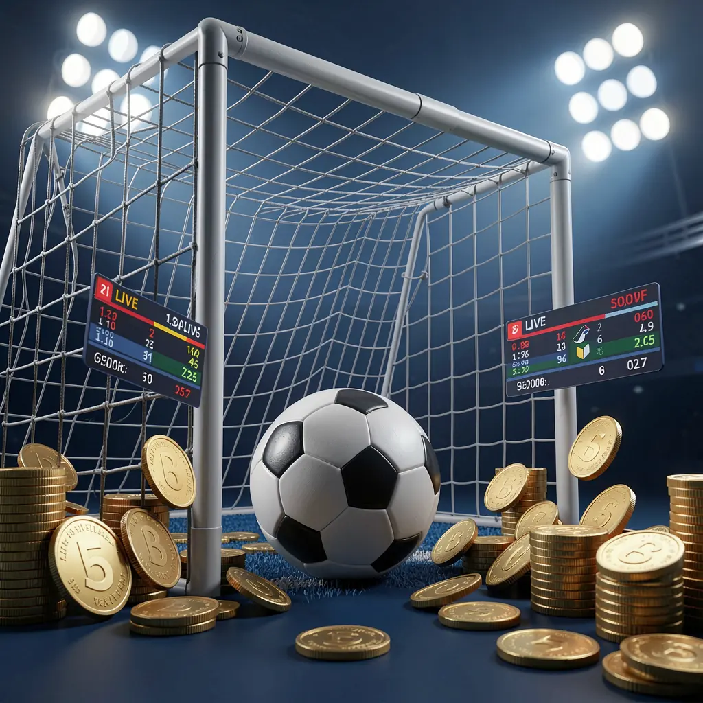 Realistic 3D render of a football goal net with a soccer ball, stadium lights, coins, and floating live score panels on a dark blue premium background, representing PGY777 sports betting page Realistic 3D render of a football goal net with a soccer ball, stadium lights, coins, and floating live score panels on a dark blue premium background, representing PGY777 sports betting page