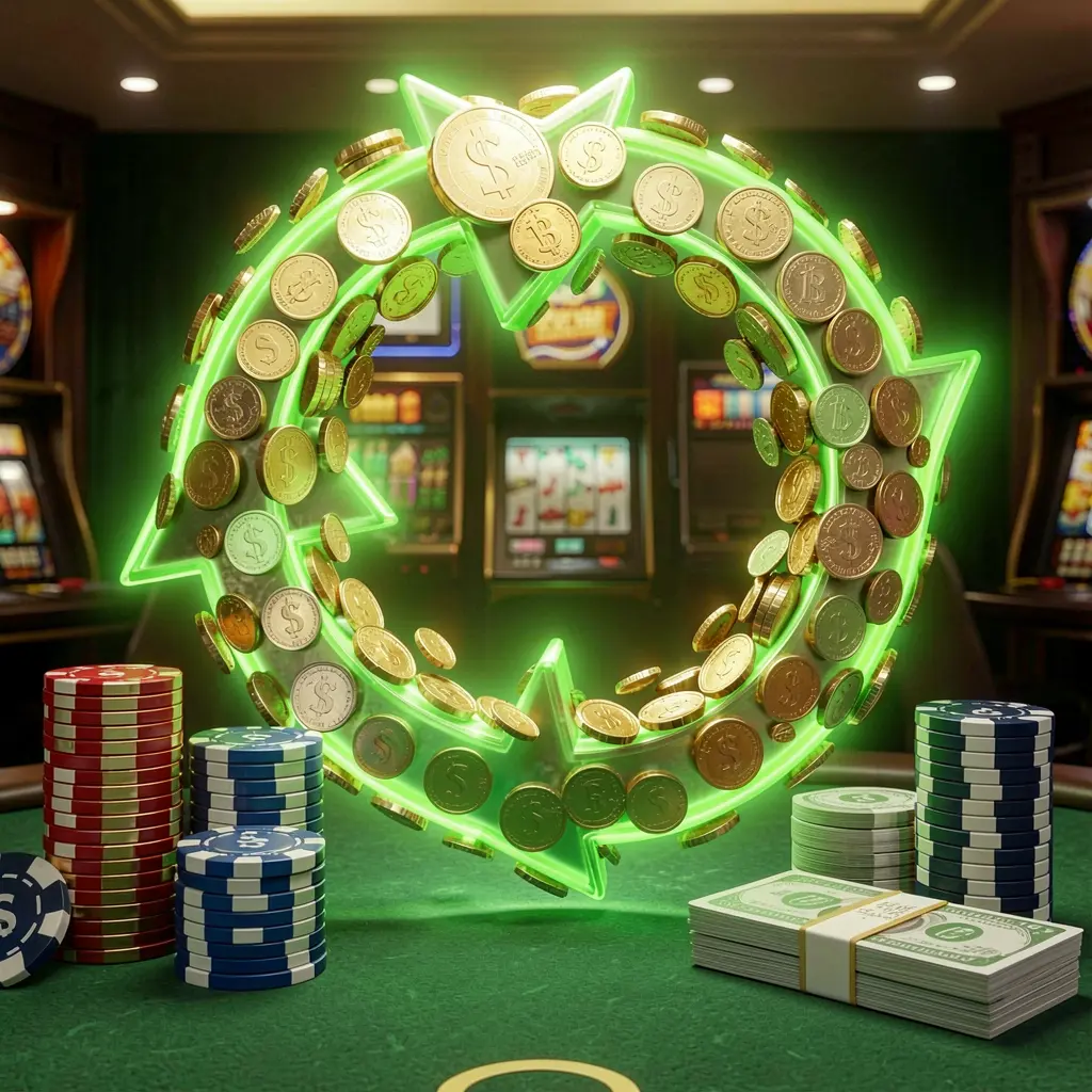 Realistic 3D render of a cashback casino bonus scene featuring coins moving in a circular arrow, stacks of chips, and cash bundles with green and gold glow, showcasing PGY777 brand Realistic 3D render of a cashback casino bonus scene featuring coins moving in a circular arrow, stacks of chips, and cash bundles with green and gold glow, showcasing PGY777 brand