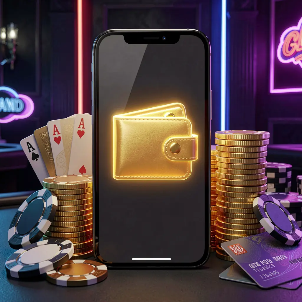 PGY777 online casino deposit bonus concept with a smartphone screen displaying a glowing wallet icon surrounded by stacks of golden coins, poker chips, and bank cards against a dark luxury background with neon highlights PGY777 online casino deposit bonus concept with a smartphone screen displaying a glowing wallet icon surrounded by stacks of golden coins, poker chips, and bank cards against a dark luxury background with neon highlights