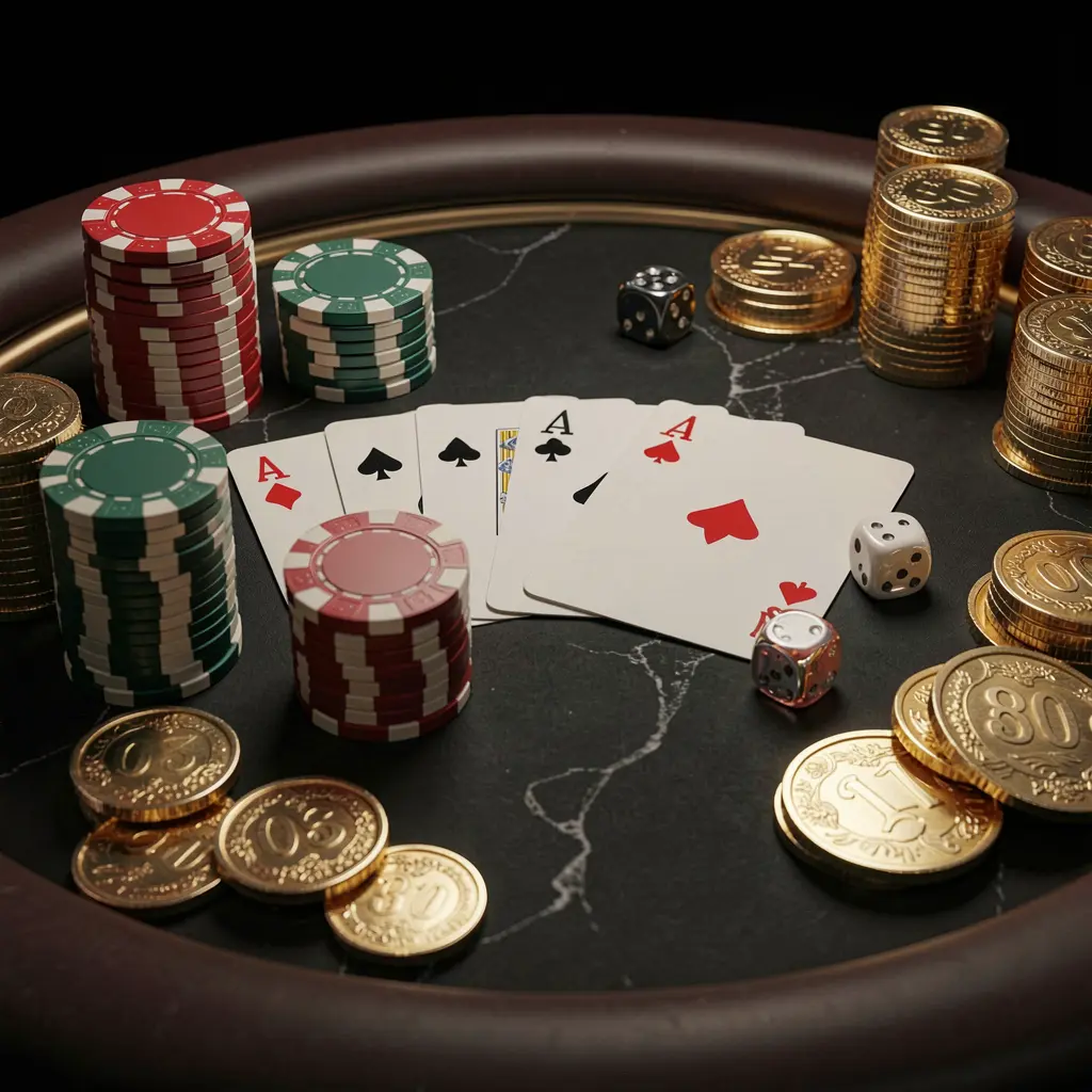 Close-up of an elegant PGY777 casino table featuring poker chips, playing cards, dice, and gold coins under soft cinematic lighting with a luxury black background