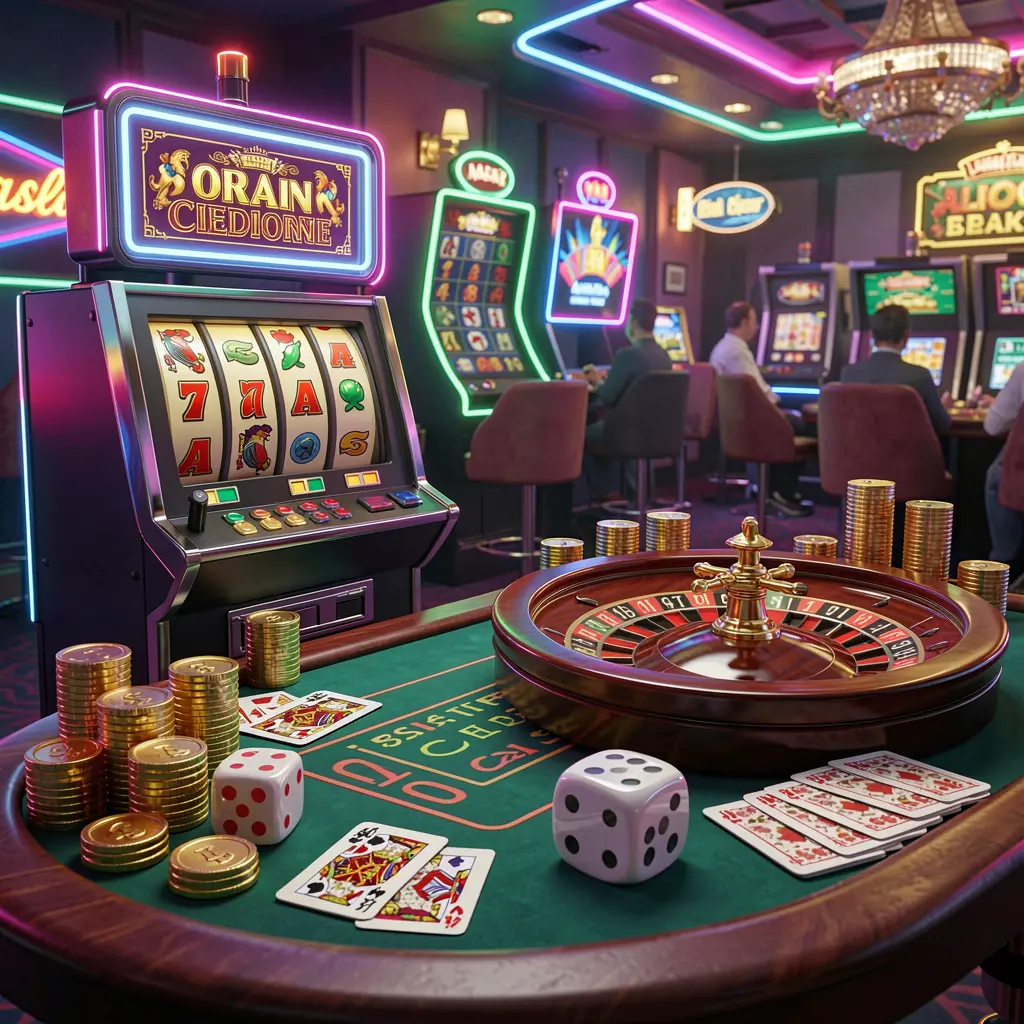 PGY777 casino entertainment scene featuring a slot machine, roulette wheel, dice, cards, and golden coins illuminated by colorful neon lights in an exciting premium atmosphere