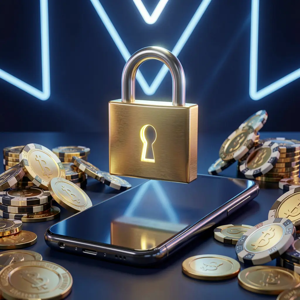 PGY777 casino login security image featuring a glowing padlock floating above a smartphone with golden coins and chips scattered around, set against a dark blue neon background in a premium realistic 3D render PGY777 casino login security image featuring a glowing padlock floating above a smartphone with golden coins and chips scattered around, set against a dark blue neon background in a premium realistic 3D render
