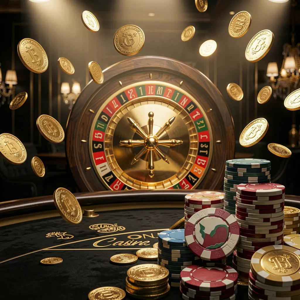 PGY777 online casino main page background featuring dramatic casino lights, golden coins flying, stacked poker chips in the foreground, and a roulette wheel behind in a luxury black and gold atmosphere